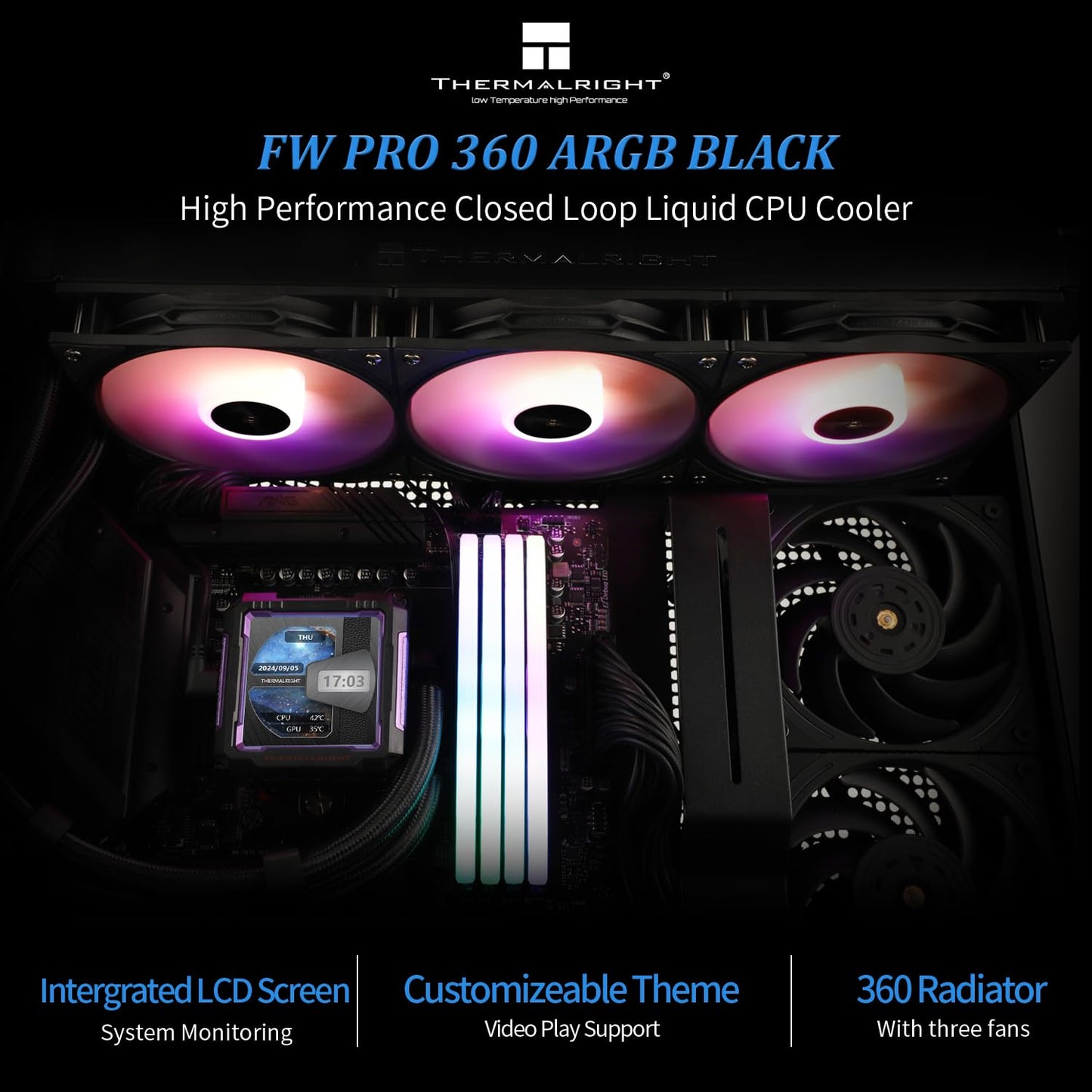 Thermalrlght FW PRO 360 ARGB Black CPU Water Cooler,3 PWM Fans Water Cooling System with 2000PRM,for AM4/AM5&Intel LGA1851/1700, Magnetic Detachable