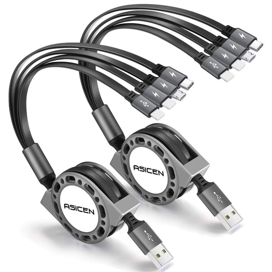 2Pack Multi Charging Cable, 4 in 1 5Ft Retractable iPhone Charger Cable, Multi Charging Cord, Retractable USB Cable with IP/Type C/Micro USB Ports