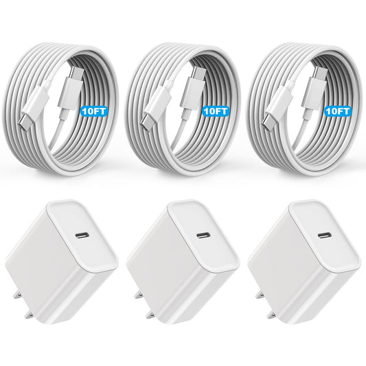 [Apple MFi Certified]Long 10Foot USBC to USBC Cable Fast Charging for iPhone 17/16e/15,3Pack 20W Fast Apple Phone Charger Block 10FT Type C Cord