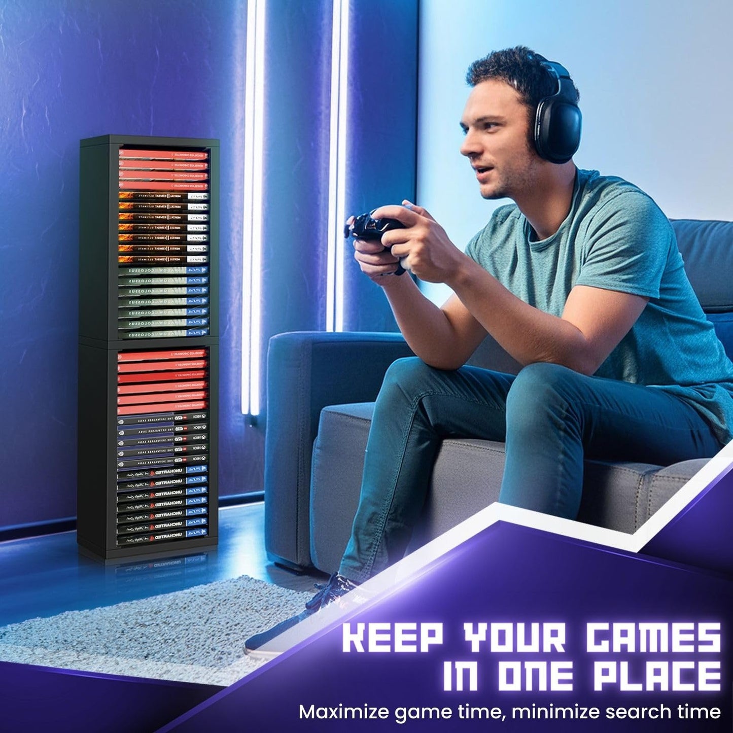 TNP Universal Video Game Storage Tower for PS5, PS4, PS3, Nintendo Switch, Xbox One, Xbox Series S/X - Black Video Game Holder Organizer Stand with 36