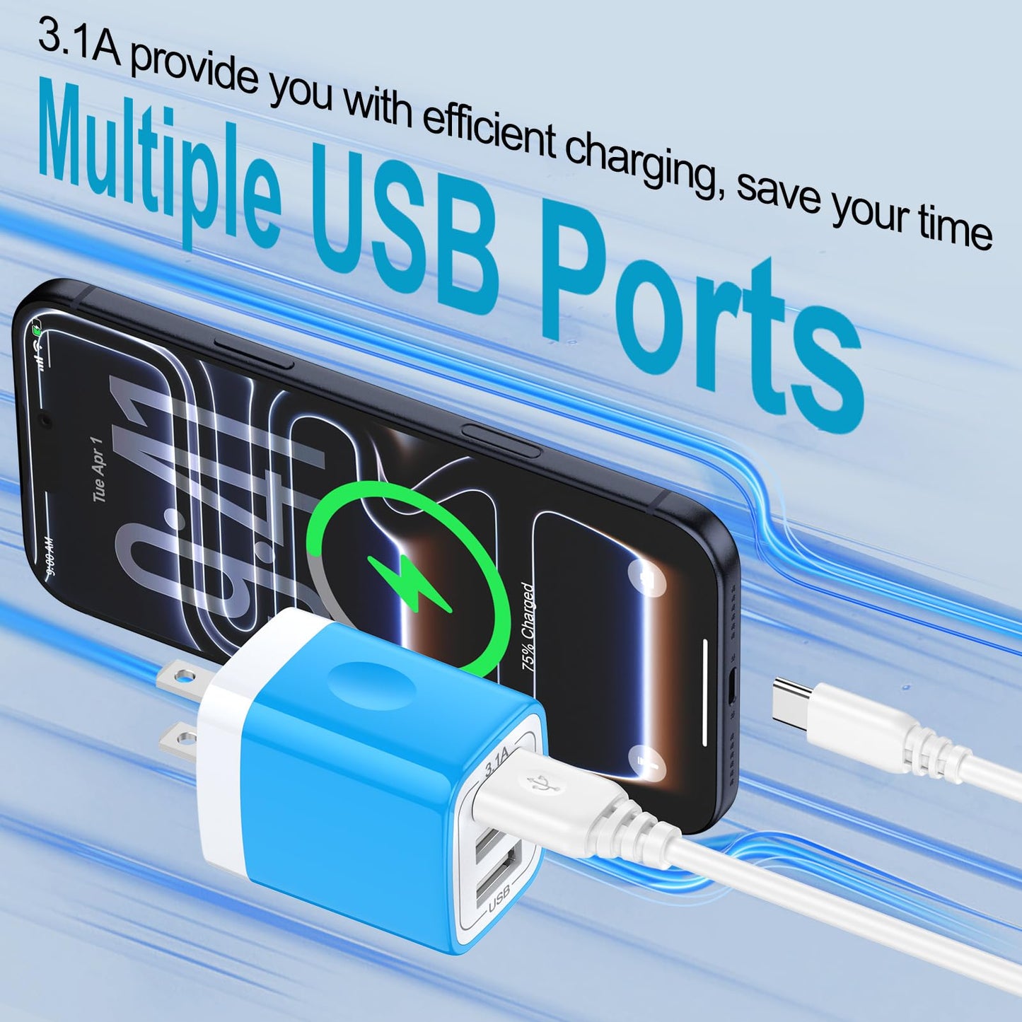 USB Charger Plug, HOOTEK 2Pack 3.1A 3-Multi Port USB Wall Charge Brick Adapter Charging Block Cube Box for iPhone 17/16e/16/15/14/13 Pro Max/12/XS/X