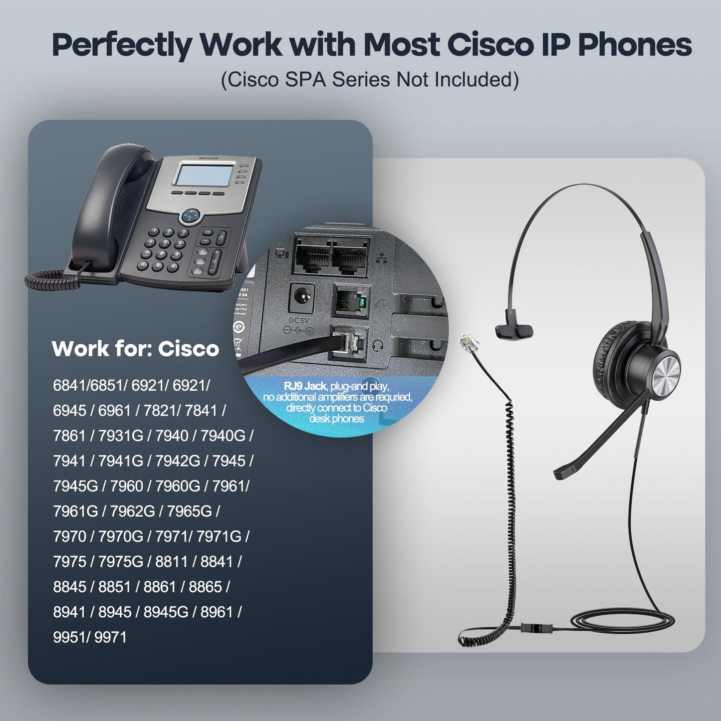 MKJ Cisco Phone Headset Corded RJ9 Telephone Headset with Noise Cancelling Microphone for Cisco CP-7821 7841 7942G 7931G 7940 7941G 7945G 7960 7961G