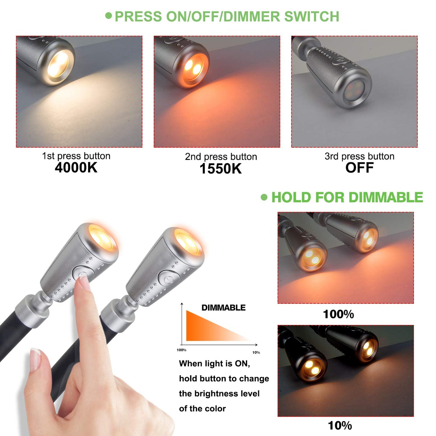 HONGUT LED Neck Reading Light, Rechargeable 8 LED 2 Modes, Bendable Arms Swing Head, Brightness Adjustable Amber Light for Reading, Camping