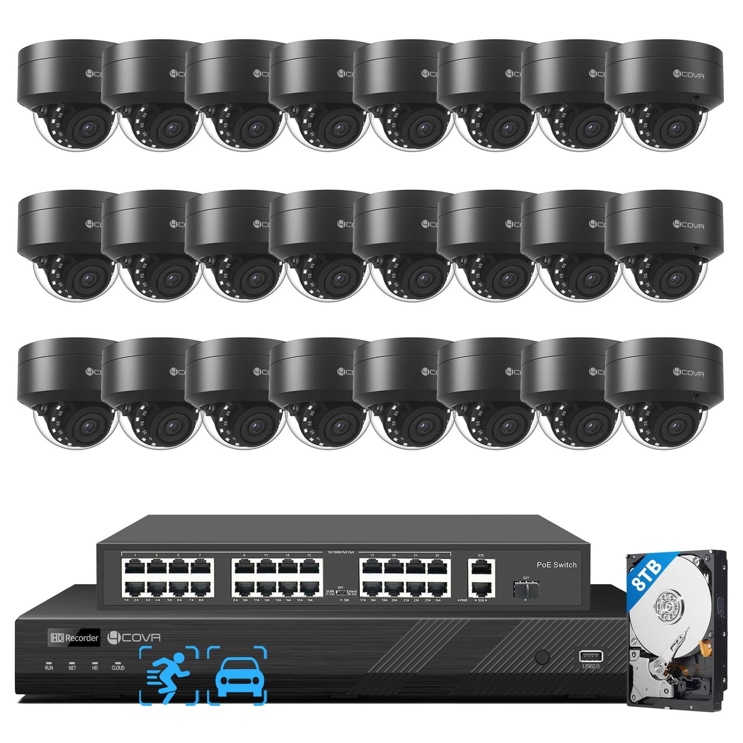 4COVR 4K PoE 32 Channel Security Camera System AI Human Vehicle Detection, 24Pcs 8MP IK10 Vandal-Proof Dome IP Camera IP67 with Mic, 4K UHD NVR 8TB