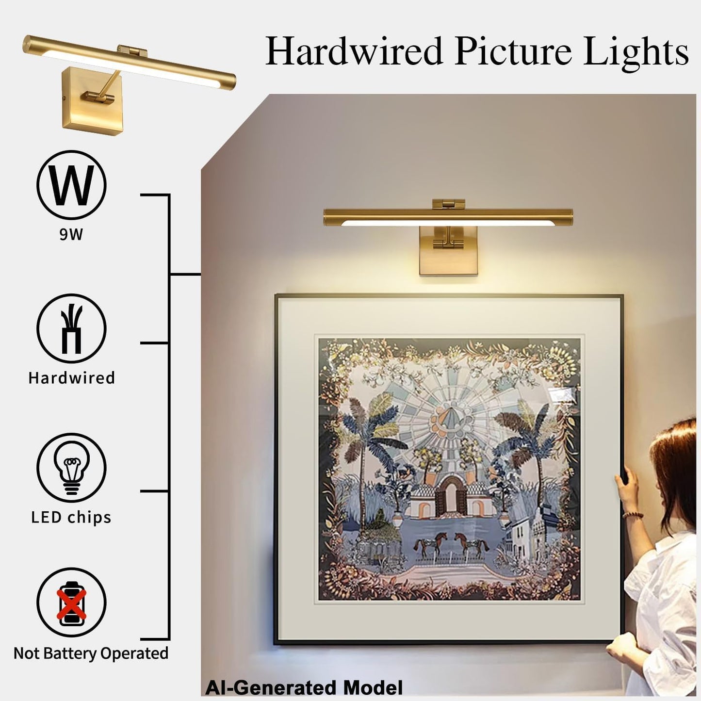LED Picture Light Fixtures 16.54 Inches, Modern Metal Artwork Wall Lamps with Single Swing Arm, 7W (50W Eqv.), Hardwired Connection, Non-Dimmable
