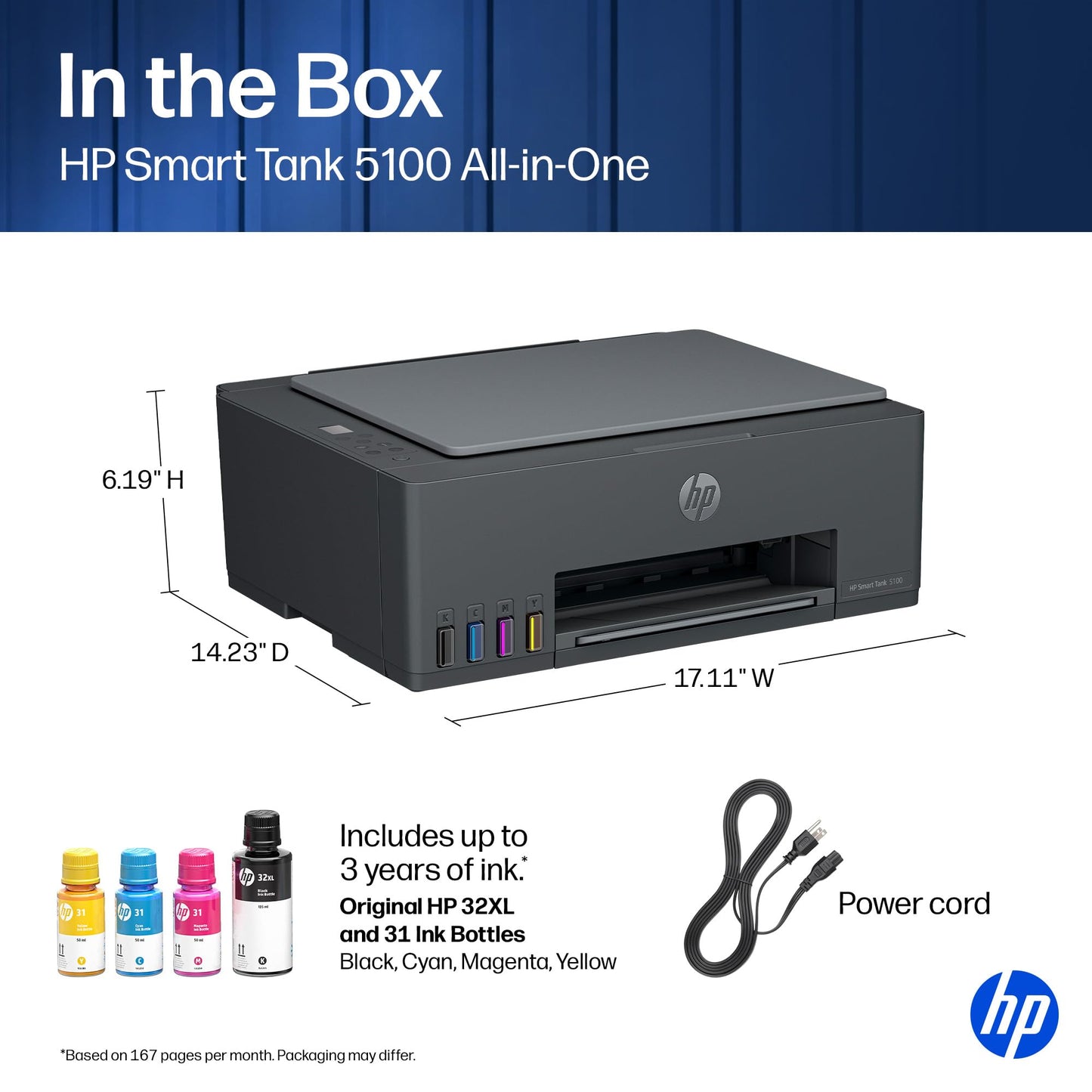 HP Smart Tank 5100 Wireless All-in-One Refillable Printer, Scanner, Copier with up to 3 Years of Ink Included, Best-for-Home, Cartridge-Free