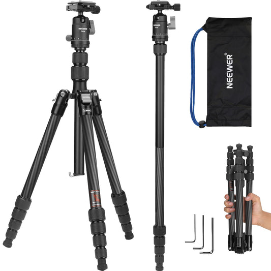 NEEWER Carbon Fiber Camera Tripod Monopod, 65" Lightweight Compact Portable Travel DSLR Video Stand, 360° Ball Head, Anti Slip QR Plate, Inverted