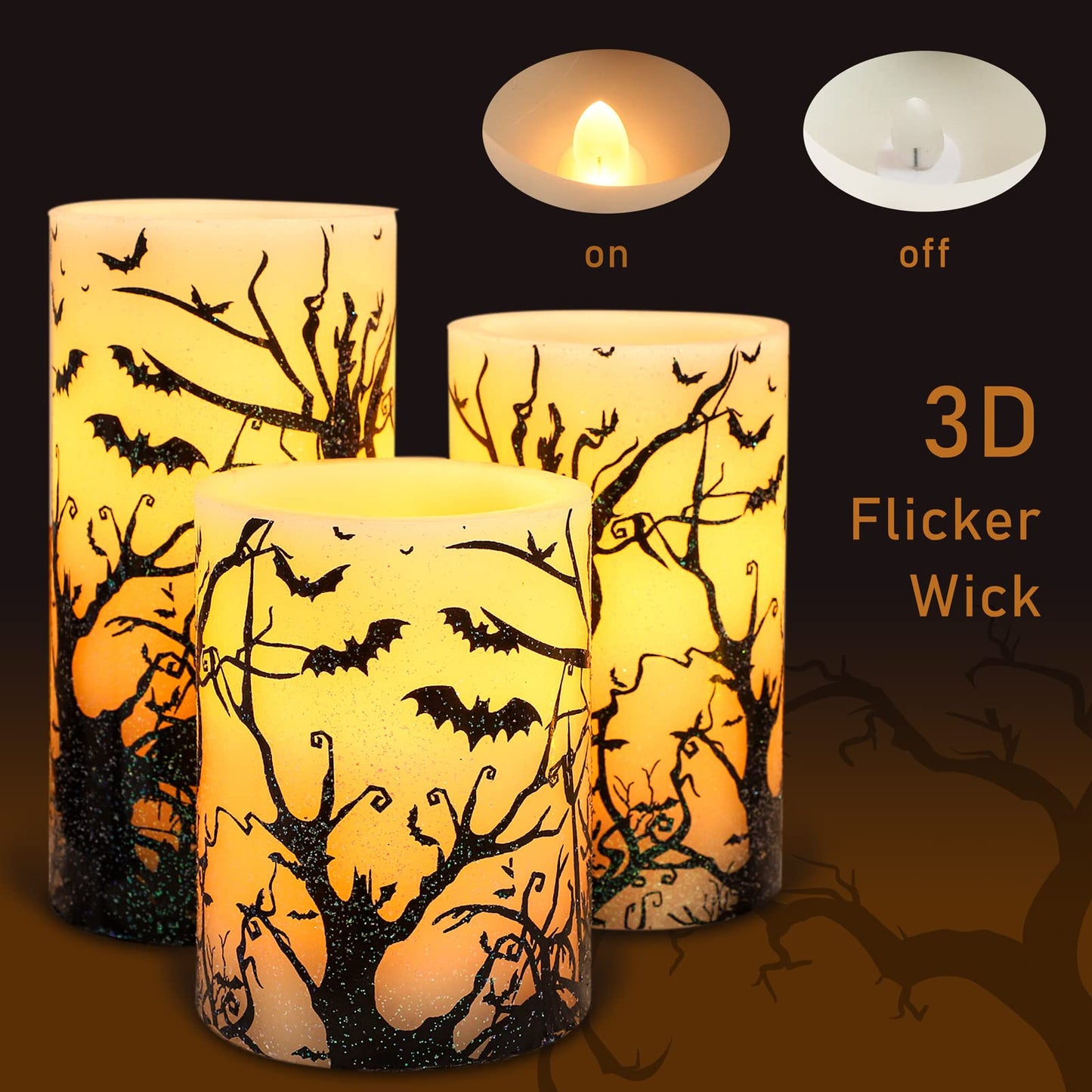 FLAVCHARM Halloween Decor Flameless Candles Set of 3 Black Spooky Bats Decal Flickering Battery Operated with Remote Real Wax LED Pillar Candles