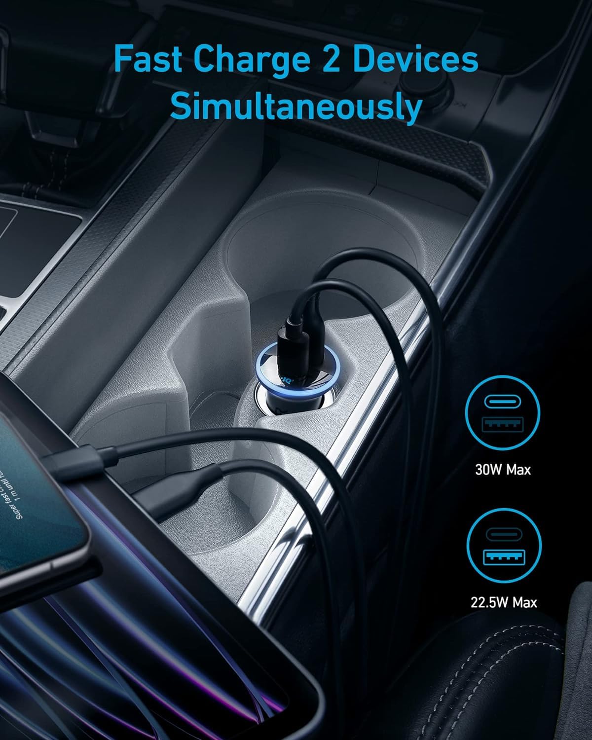 Anker 323 USB-C Car Charger Adapter, 52.5W Cigarette Lighter Charger with 30W PowerIQ 3.0 Fast Charging for iPhone 17/16/15/14/13/12 Series, Galaxy