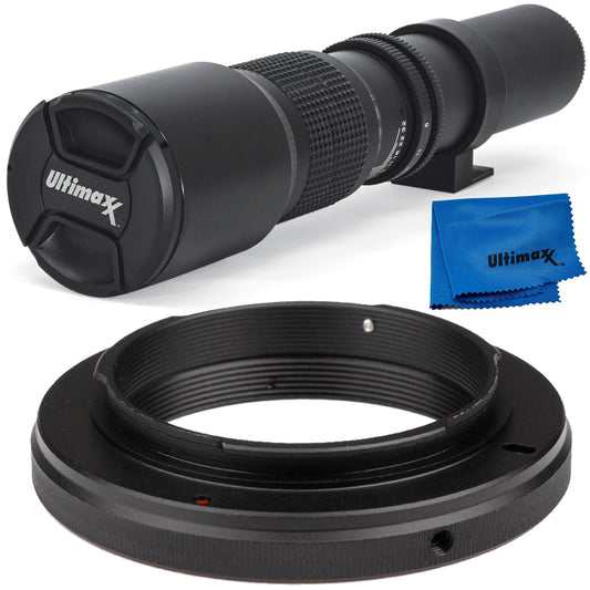Ultimaxx 500mm f/8 Multi-Coated Preset Telephoto Lens Includes T-Mount Adapter for Canon EF Mount & Microfiber Cleaning Cloth - Compatible