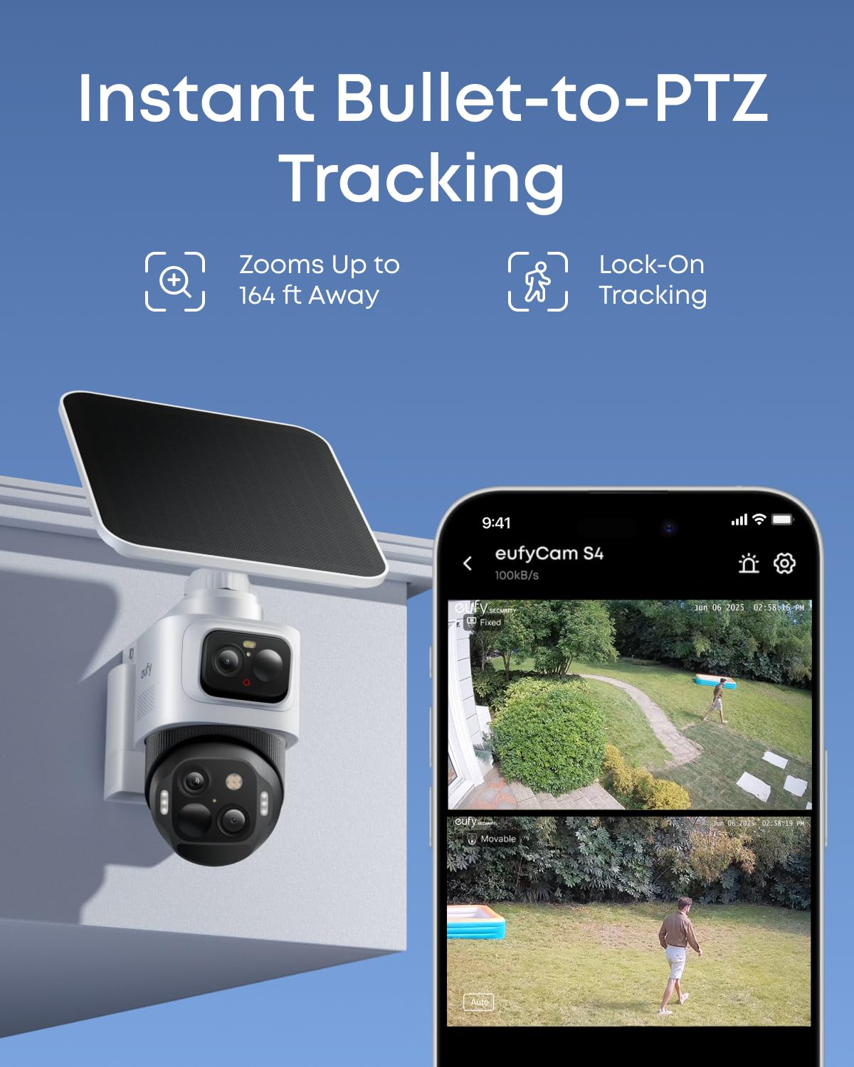 eufy Security eufyCam S4 2-Cam Kit,4K Solar Camera Wireless Outdoor, Triple Lens Bullet-PTZ Cam, 360° View, Cross-Cam Track, AI Recognition, 8X Zoom