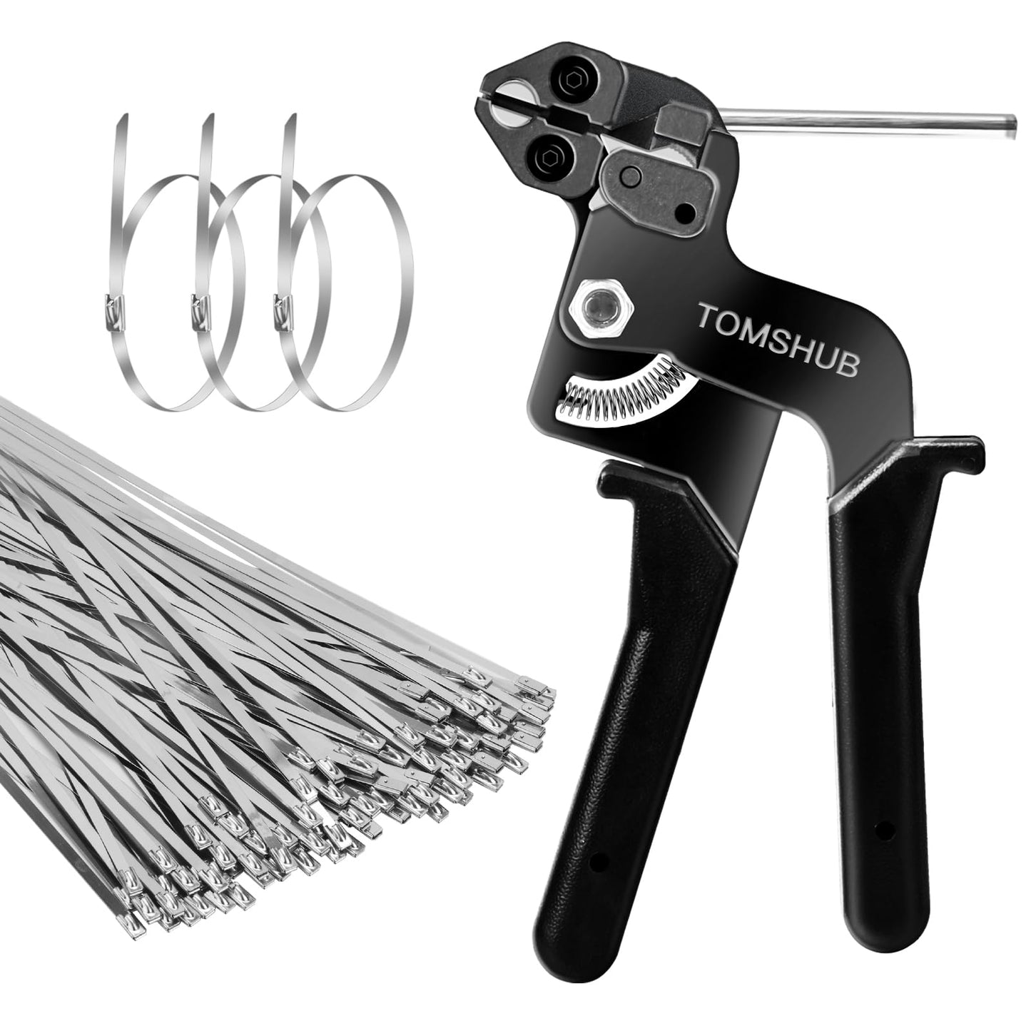 TOMSHUB Stainless Steel Cable Tie Gun with 100 Pcs 11.8 inch Metal Zip Ties Tool, Heavy Duty Self-locking Cable Tie Gun Kit for Fastening and Cutting