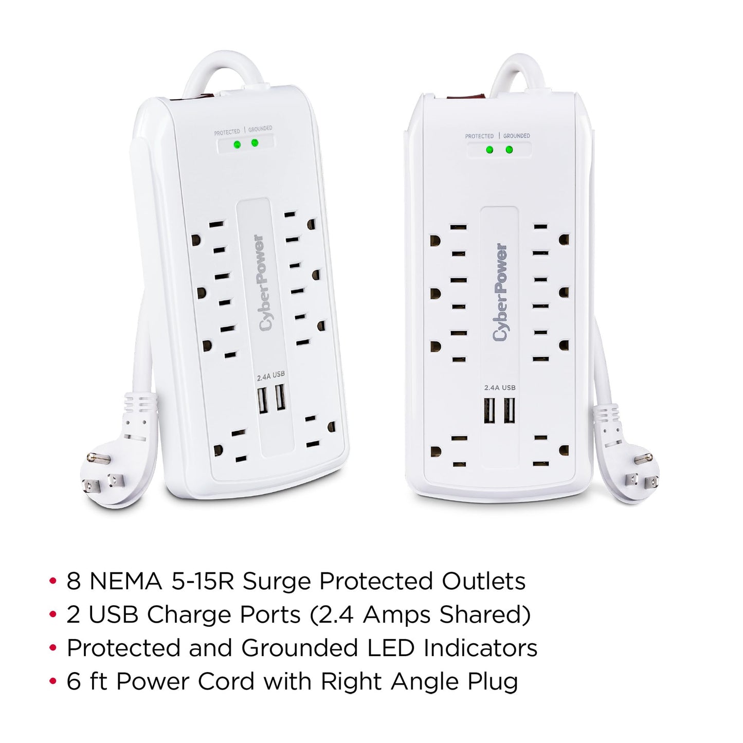 CyberPower CSP806U Professional Surge Protector, 3000J/125V, 15A, 8 Outlets, 2 USB Charging Ports, 6 Foot Cord, White