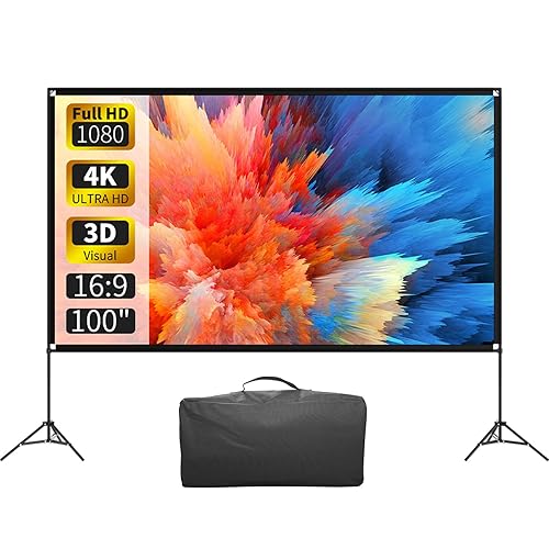 VISULAPEX Projector Screen with Stand 100 Inch, 16:9 4K HD Portable Projector Screen Indoor Outdoor, Foldable Wrinkle-Free Movie Screen 160° Front