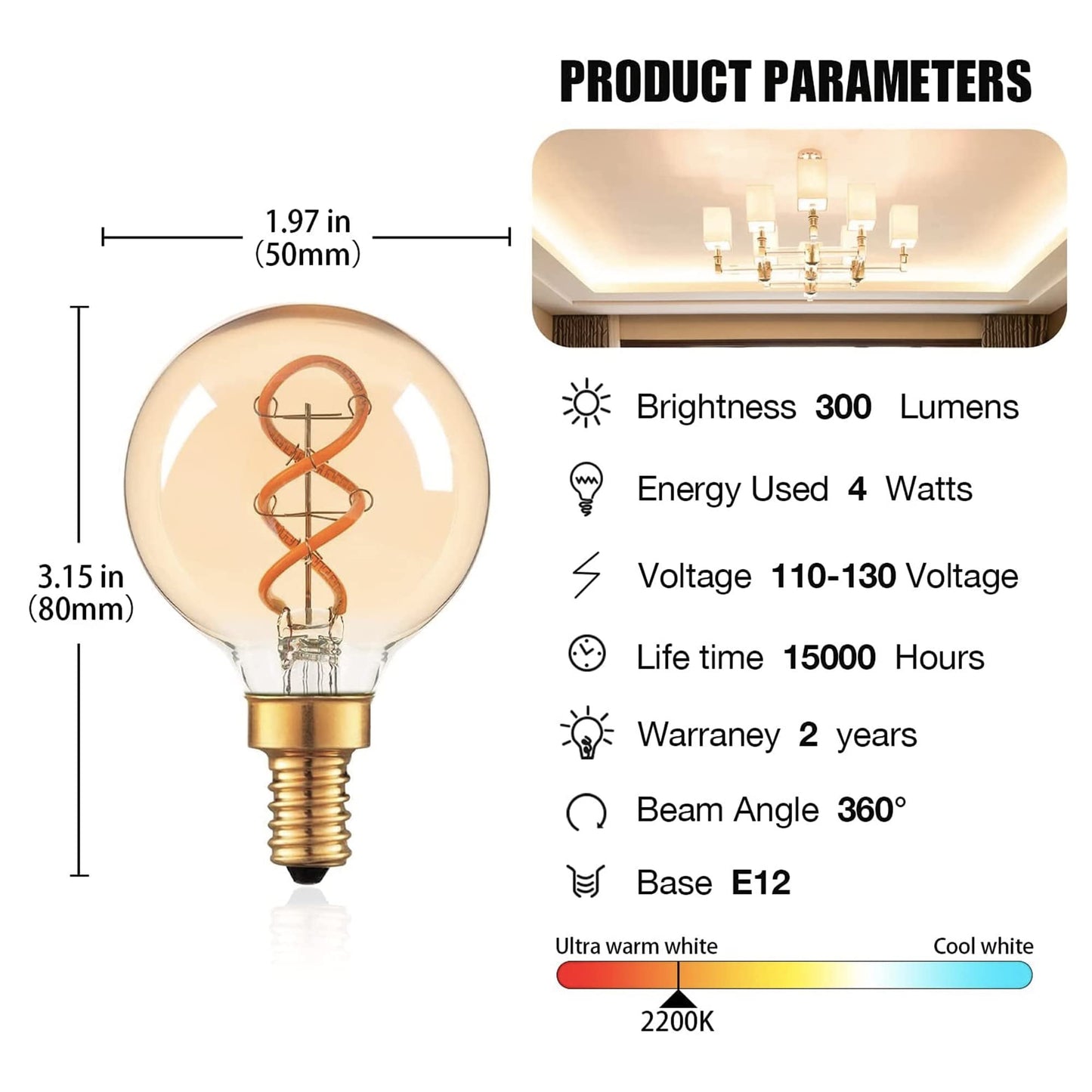 Hcnew Dimmable E12 LED Bulb,G16.5 Candelabra Light Bulbs 4W 6 Pack