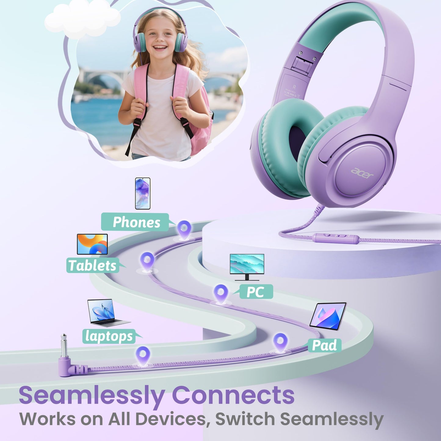 Kids Headphones with Cord for School - Over-Ear 85/94dB Volume Limiter, 3.5mm Jack Foldable Stereo Sound Headset for Toddlers Girls Boy Travel…