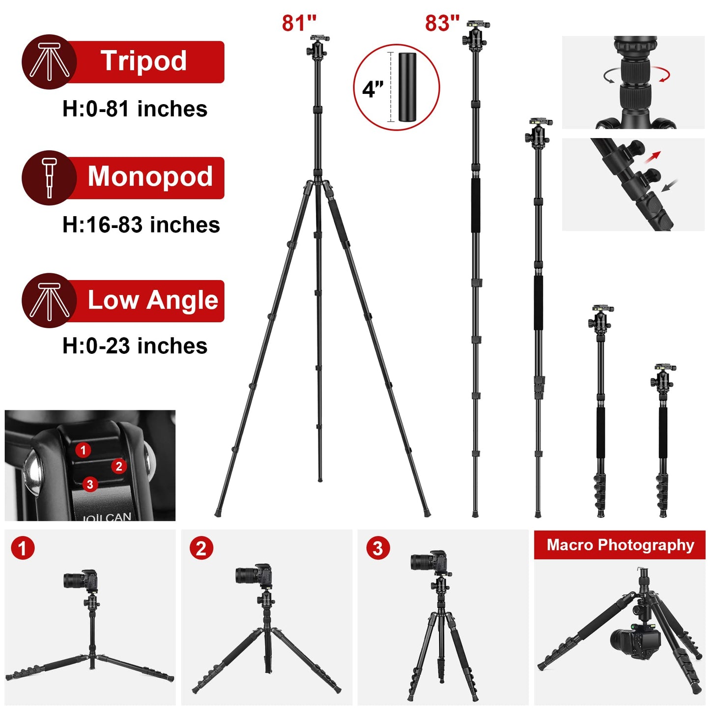 JOILCAN Tripod for Camera, 81" Camera Tripod Stand, 83 inches DSLR Tripods & Monopods, Heavy Duty Travel Tripod for Binoculars Laser Level Spotting