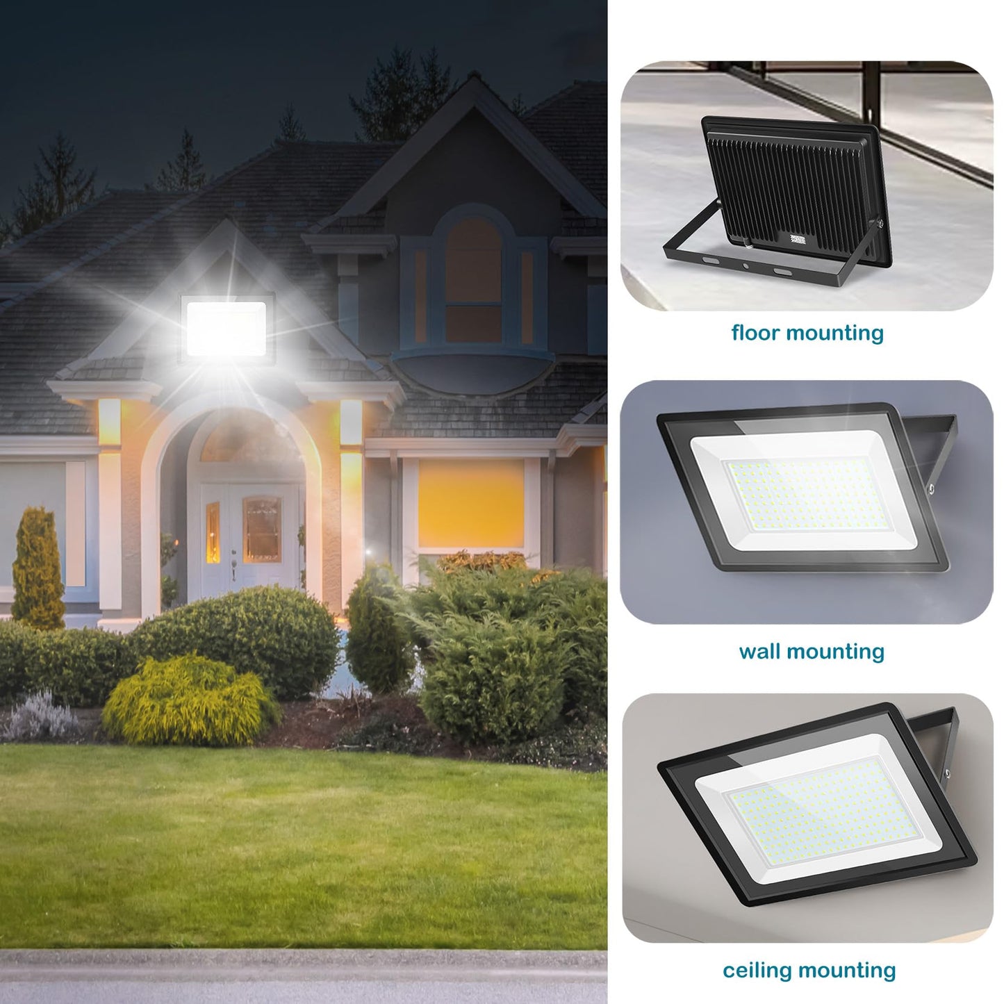Sunkkes 3 Pack 300W LED Flood Light Outdoor, IP66 Waterproof with Plug, 6000K Daylight White Security Lights Outside Lamp, Exterior Floodlights