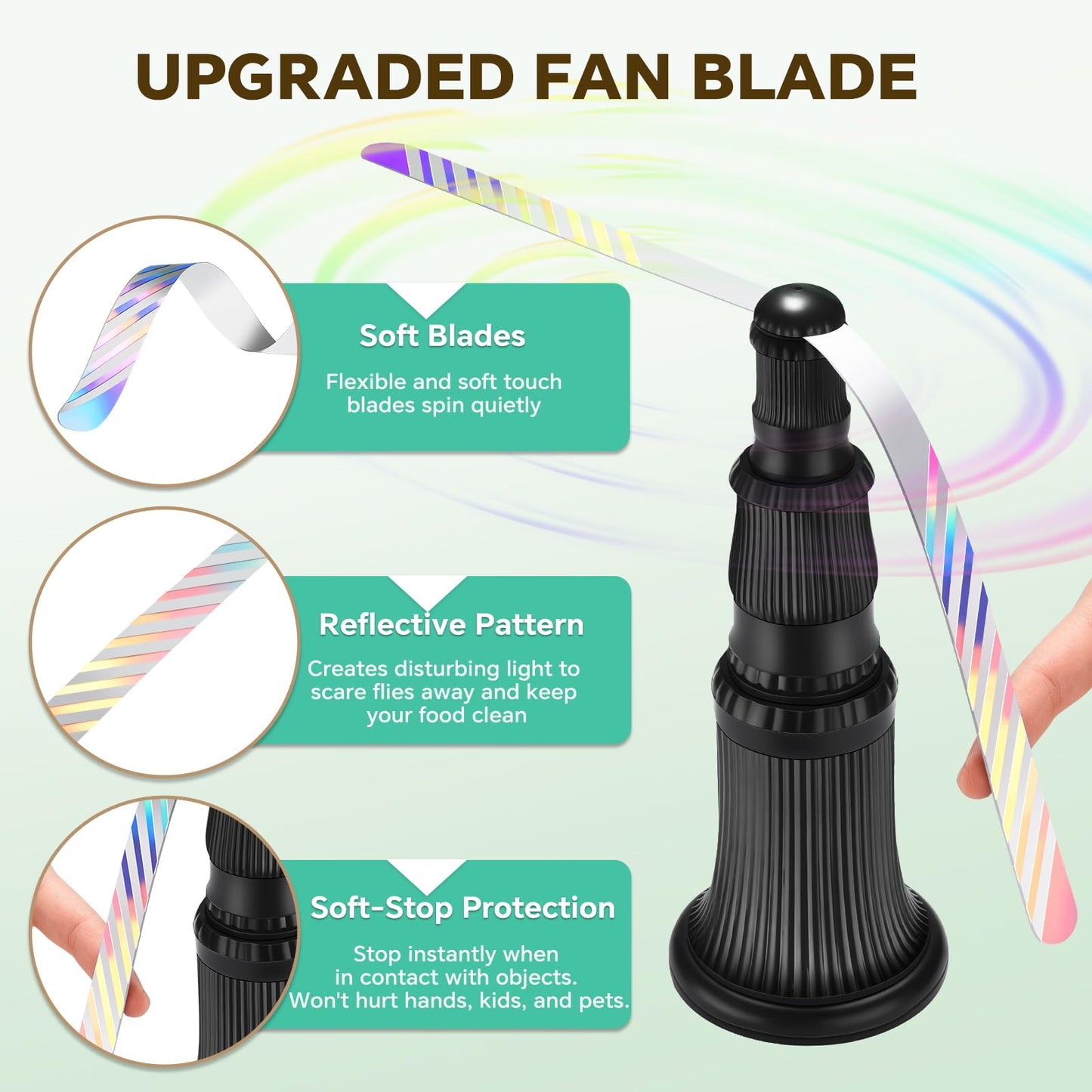 Fly Fans for Tables, Fly Fan Outdoor Indoor Keep Flies Away, Table Top Spinner with Holographic Blades, Flies Deterrent for Picnic, Restaurant, Party