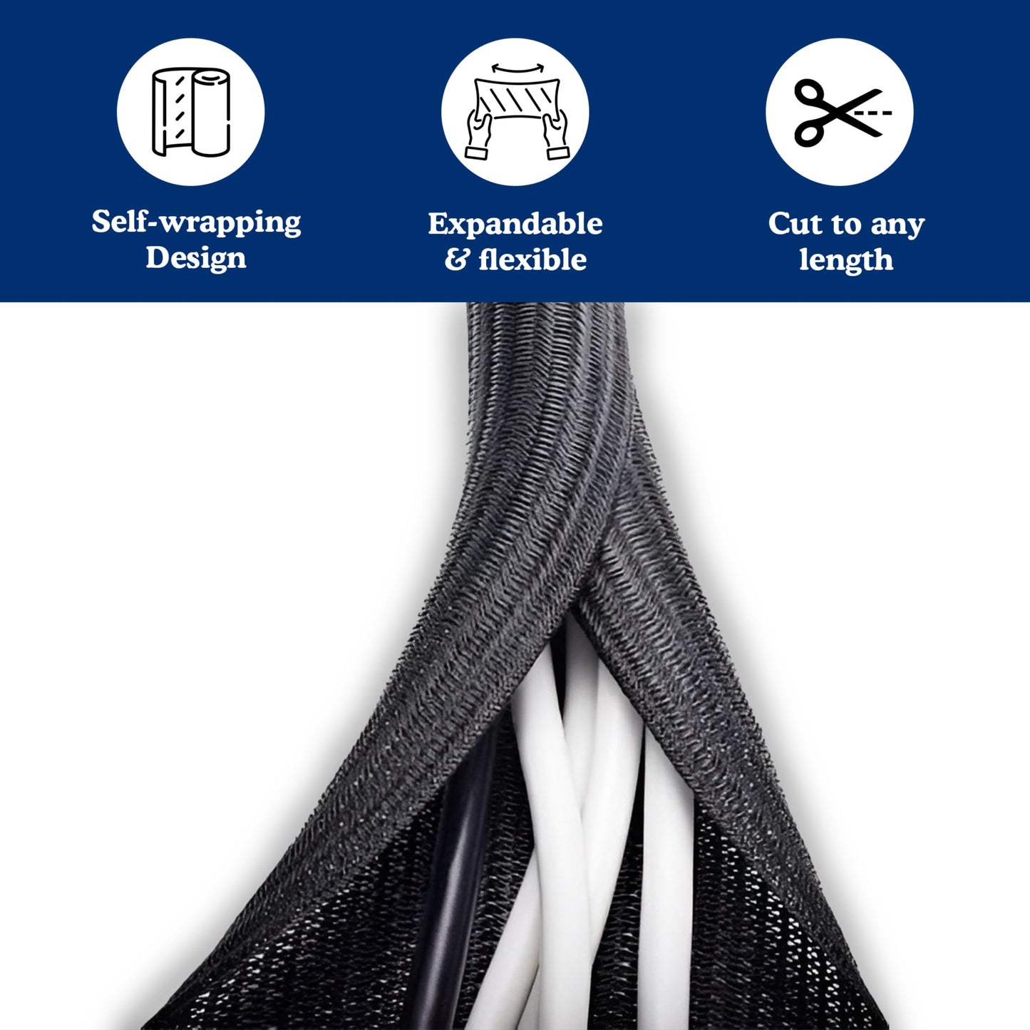 Cable Management Sleeve & Cord Organizer for Desks - Wire Management Cover to Conceal & Protect Messy Cables for Computers, TV & Electronics - 10 ft x