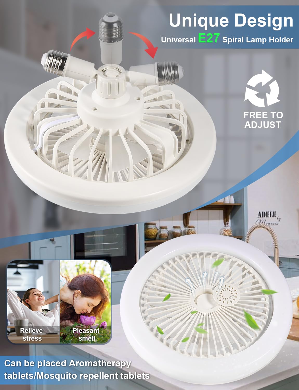 CornerSmith Enclosed Ceiling Fan with Light - Small 10-inch Bladeless Socket Fans with Remote Control, Dimmable LED Lights 3 Gear Wind Speeds