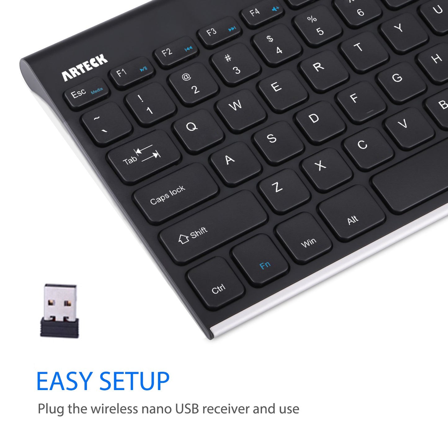 Arteck 2.4G Wireless Keyboard Stainless Steel Ultra Slim Keyboard for Computer/Desktop/PC/Laptop/Surface/Smart TV and Windows 11/10 / 8/7 / Vista/XP