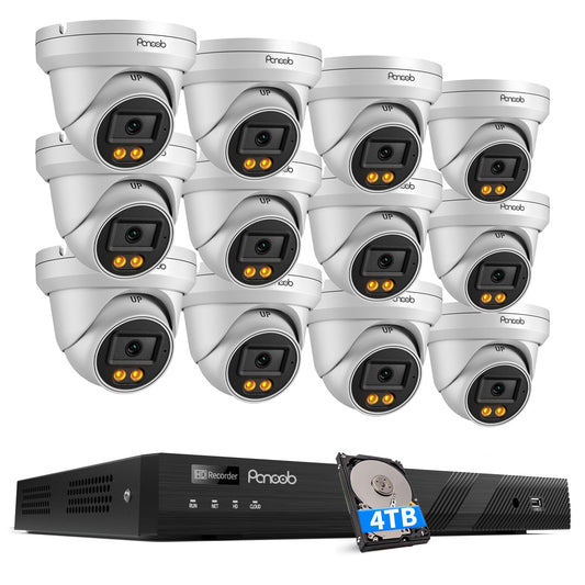 PANOOB 16 Channel Security Camera System 4K, 12x 8MP Wired IP Dome PoE Camera, Spotlight Color Night Vision, Human Vehicle Detection, Built-in Mic