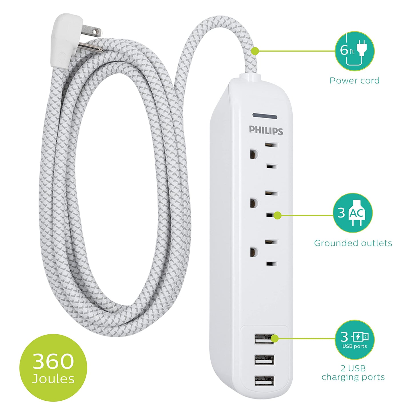 Philips Surge Protector Power Strip, 3 Outlet Surge Protector, 6Ft Cord Power Strip, Surge Protector with USB Ports, 3-Prong Flat Plug Power Strip