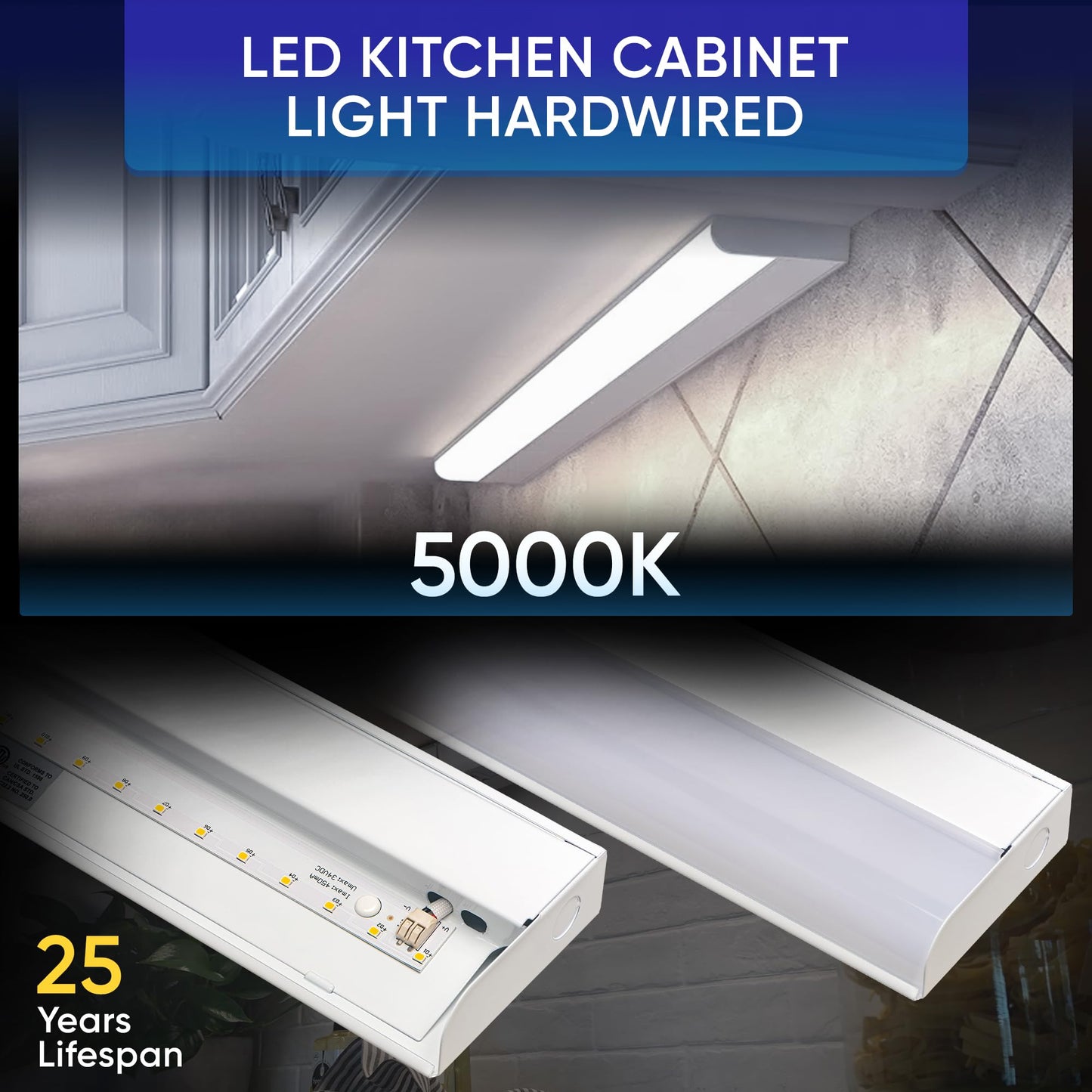 Hardwired LED Under Cabinet Task Lighting - 16 Watt, 24", Dimmable, CRI>90, 5000K (Day Light), Wide Body, Long Lasting Metal Base with Frost Lens