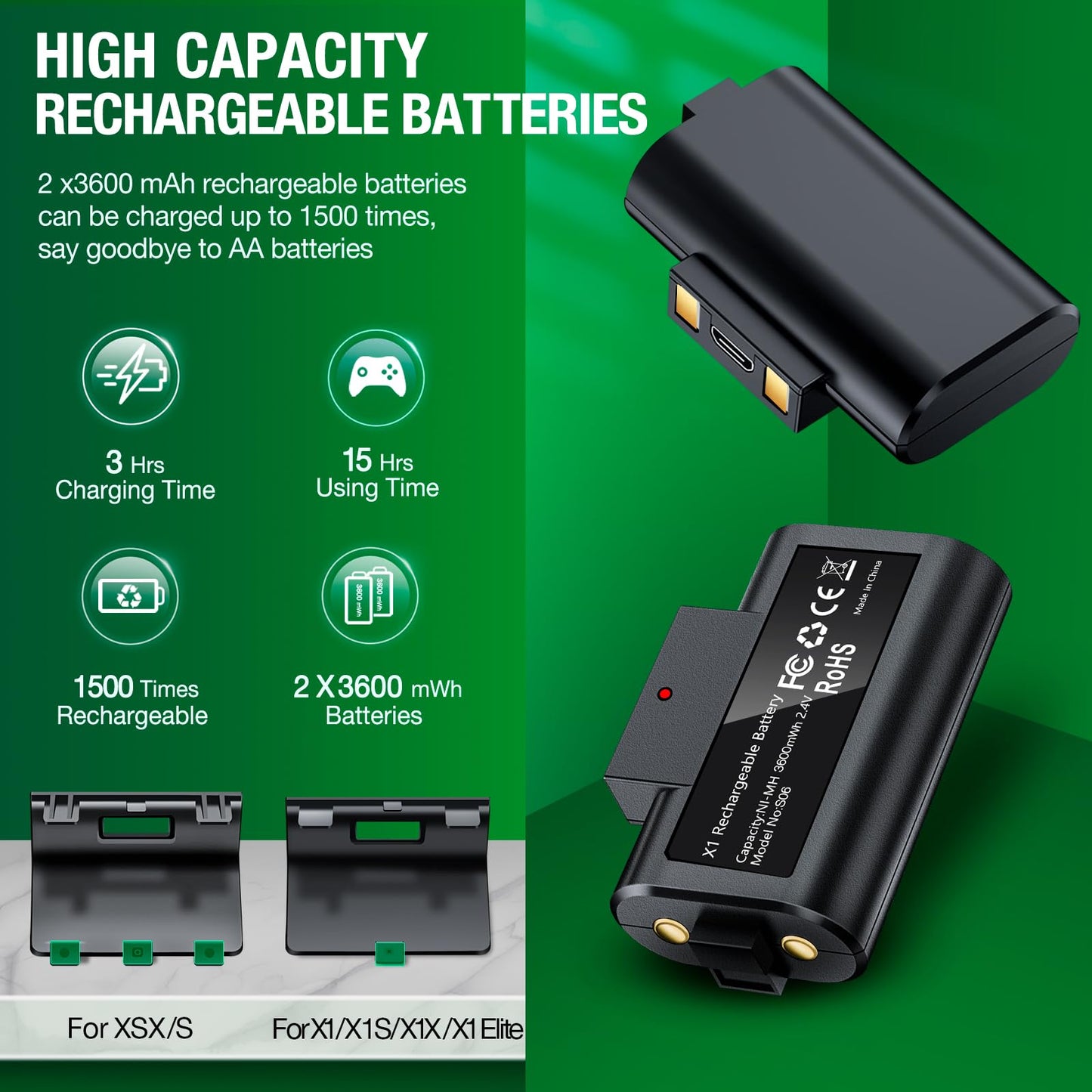 Rechargeable Battery Pack for Xbox Controller, 2X 1200mAh Rechargeable Batteries Pack for XboxSeries X/S/One X/S/Elite Controllers, High Speed