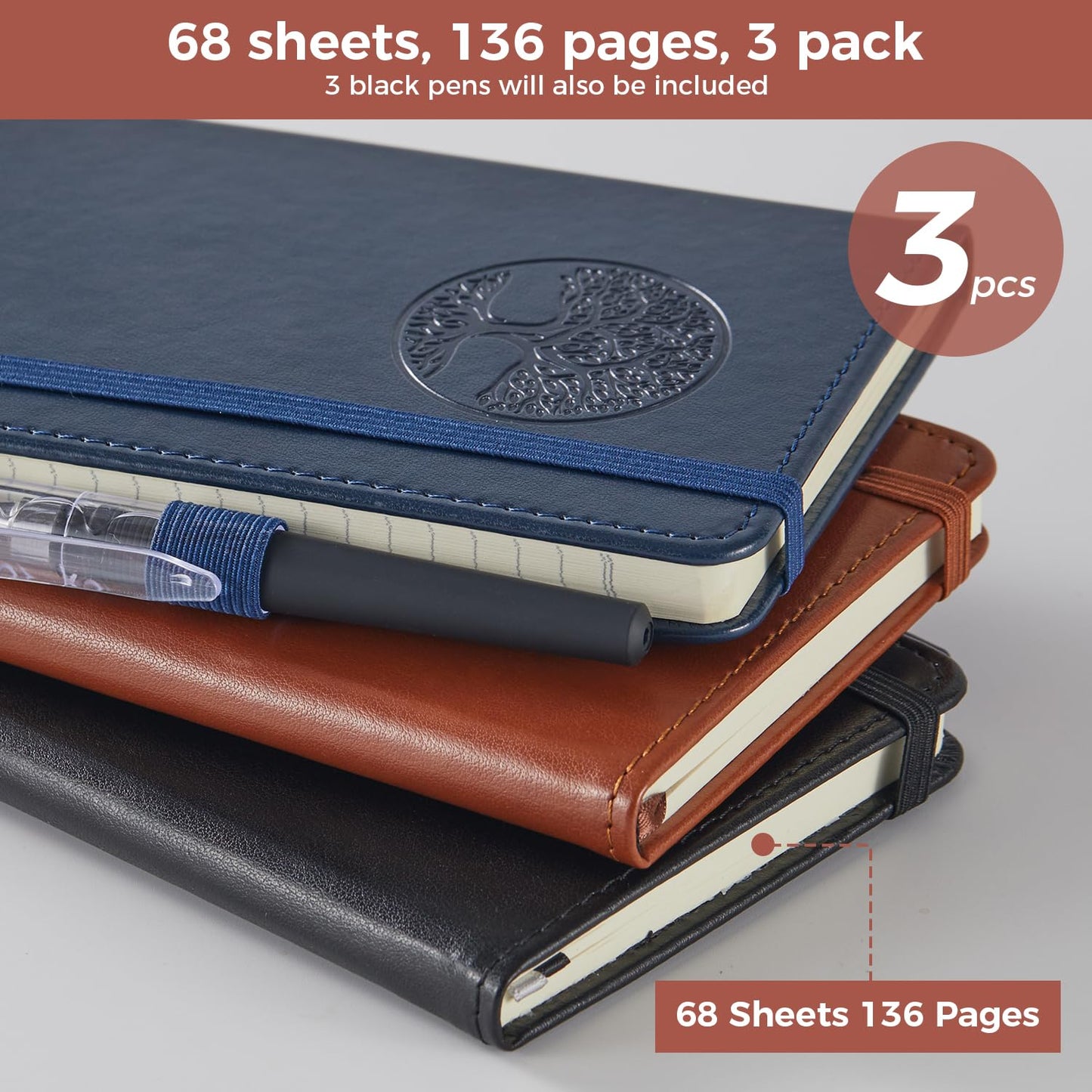 3 Pack Pocket Journal Notebooks, A6 Small Mini Notepad with Pens, 3.7" x 5.7" Leather Hardcover Note Book for Women/Men Work, 400 Pages 100GSM Lined