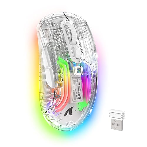 Wireless Gaming Mouse PC Transparent Shell Computer Mice with Dual mode BT5.0/2.4G,PixArt Chip 3D RGB Lighting,Ergonomic 7 Buttons,Rechargeable Mute
