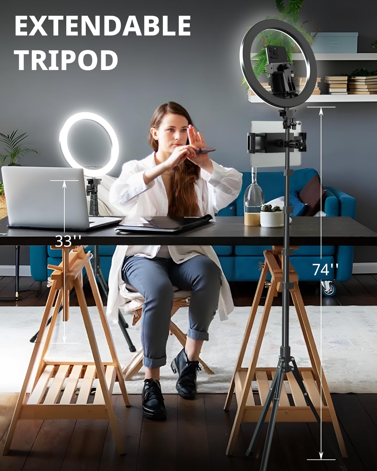 UBeesize 12" Ring Light with 74" Extendable Tripod Stand & iPad, Phone Holder, LED Circle Light with Phone,Tablet Holder for Video Recording