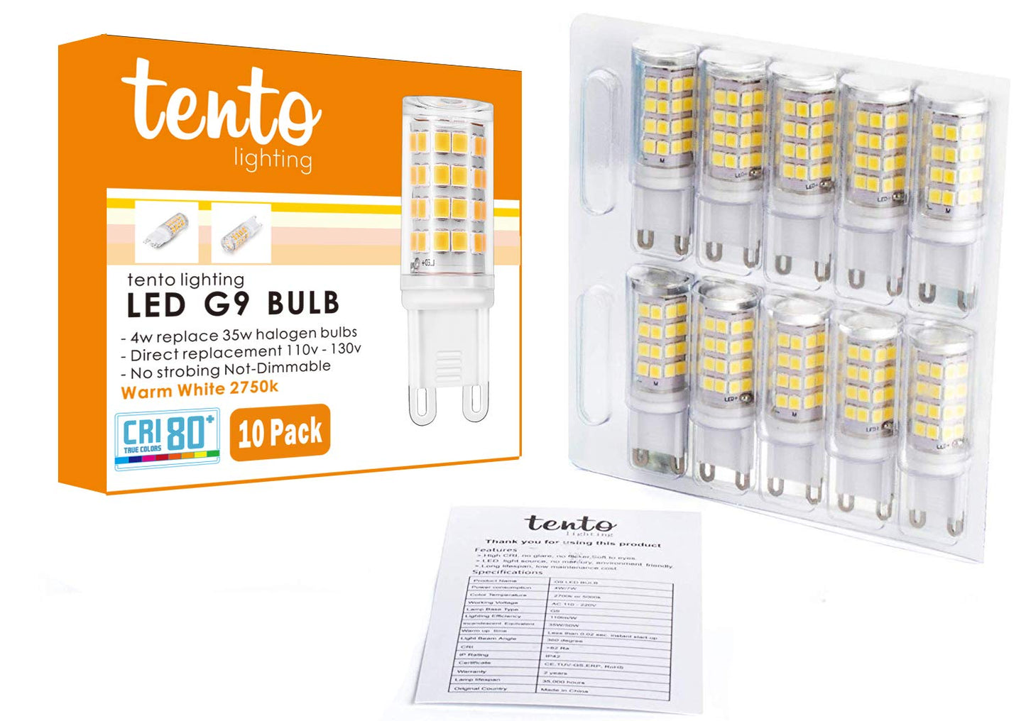 tento Lighting G9 Ceramic Base, True Color Technology Energy Saving Halogen LED Light Bulbs, Warm White, 120v 4w (40w Equivalent) (390 lm) (2750k)