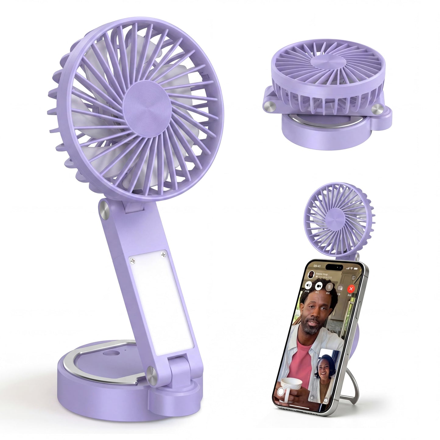 Foldable Magnetic Phone Fan with LED Light & Stand Desk Easy Storage Purple