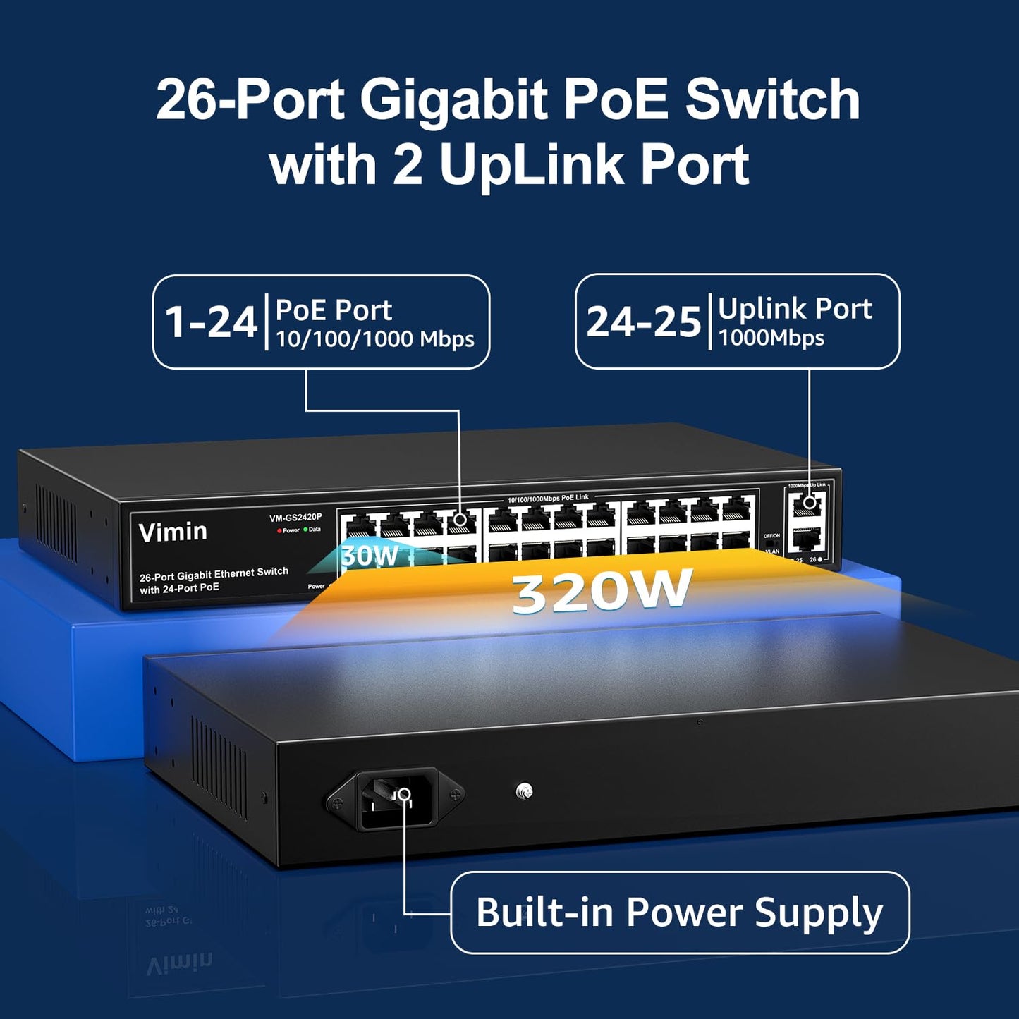 24 Port Gigabit PoE Switch with 2 Uplink Gigabit Ports, VIMIN 26 Port Unmanaged PoE Ethernet Switch with 320W Power, Support IEEE802.3af/at, VLAN