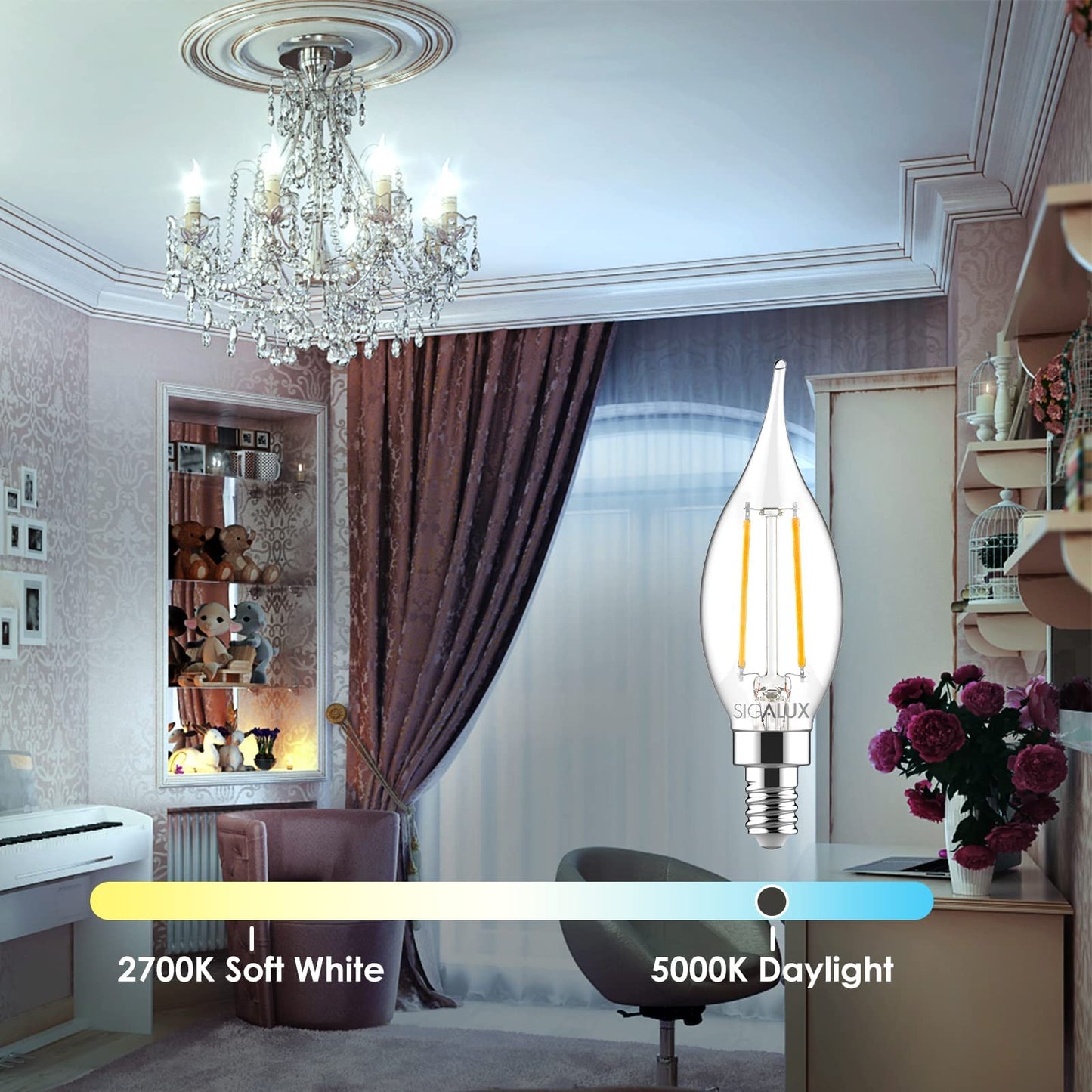 Sigalux E12 LED Bulb Dimmable, 40 Watt Candelabra LED Light Bulbs, Chandelier Light Bulbs, B10 2700K Soft White, Type B Candle Light Bulbs