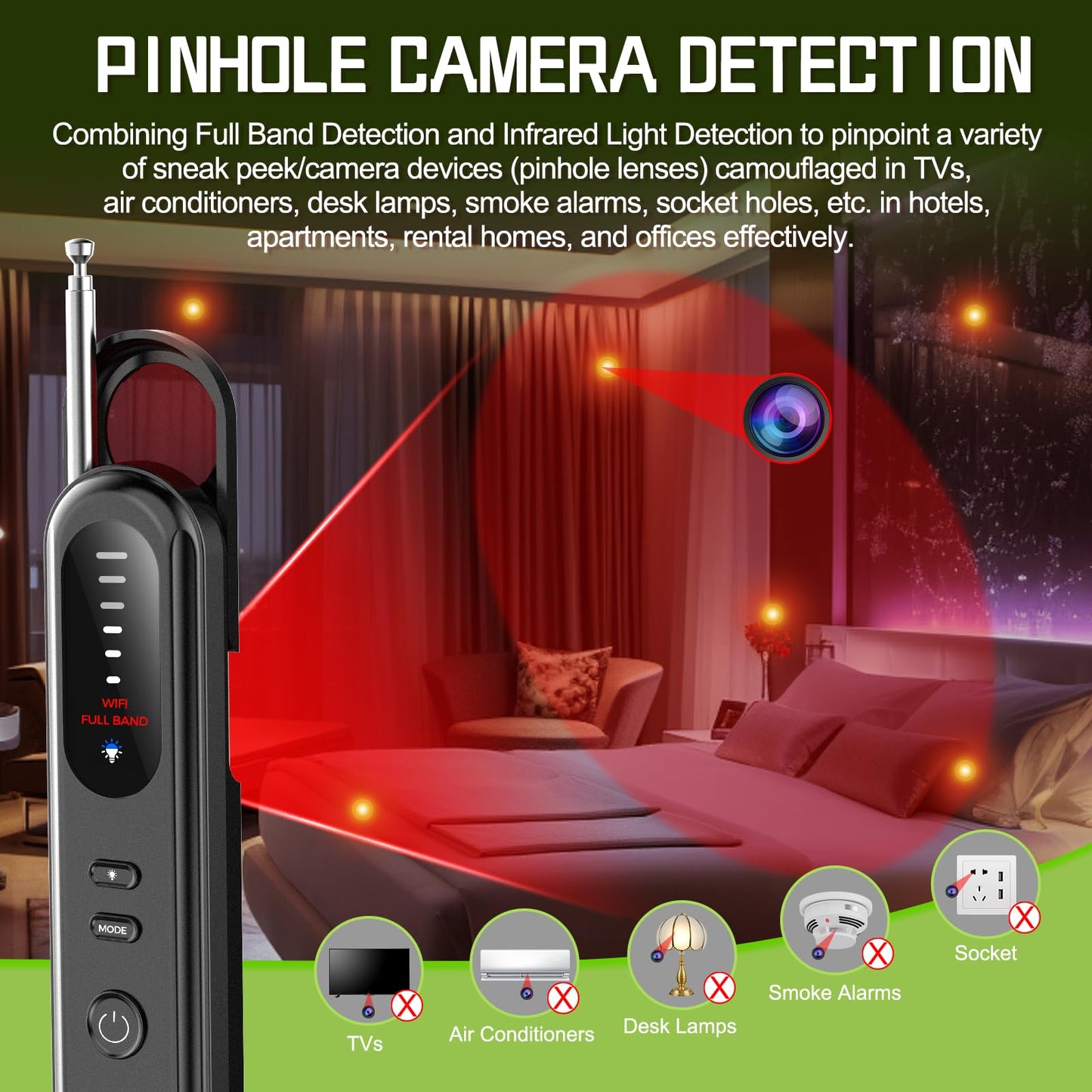 J.Stanar Hidden Camera Detector for Travel, RF Bug Detector and Tracker Finder for Bugged Cameras, GPS Trackers- Hotel/Public Restroom/Vehicles, Bug