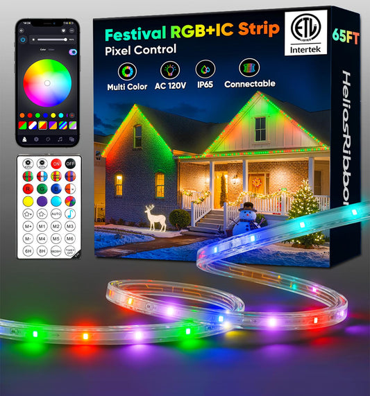HeliosRibbon 65FT Outdoor LED Strip Lights RGB+IC with Warm&Cool White, ETL Listed Music Sync Light Strip AC 120V, IP65 Waterproof and Connectable
