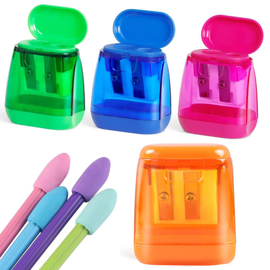 Pencil Sharpener Set (8 Pcs) - 4 Dual Hole Manual Sharpeners + 4 Pencil Top Erasers, Portable Pencil Sharpeners for Kids, Students & Teens, Colored