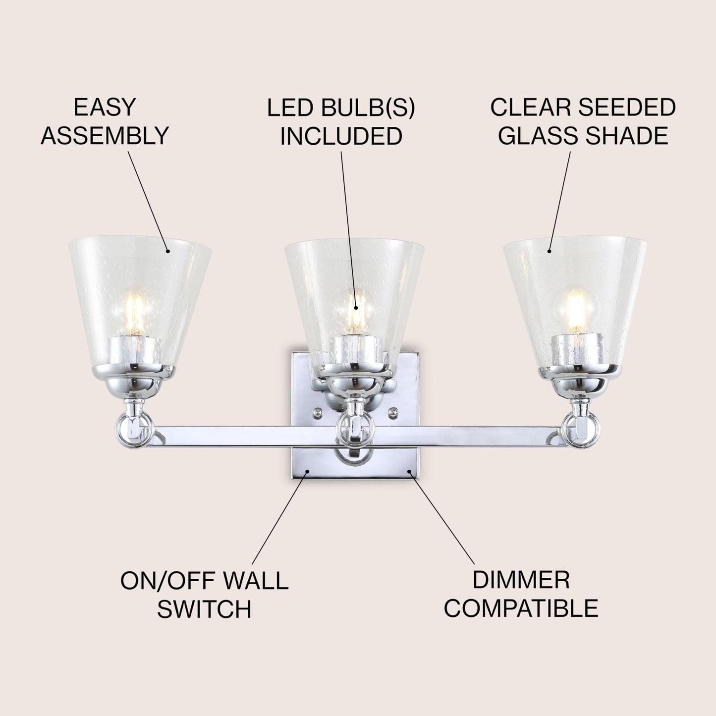 JONATHAN Y 21" Chrome Marion 3-Light Vanity Light Wall Sconce for Bathroom Decor, Clear Seeded Glass Shade, Reversible Hardwired Lamp for Mirror