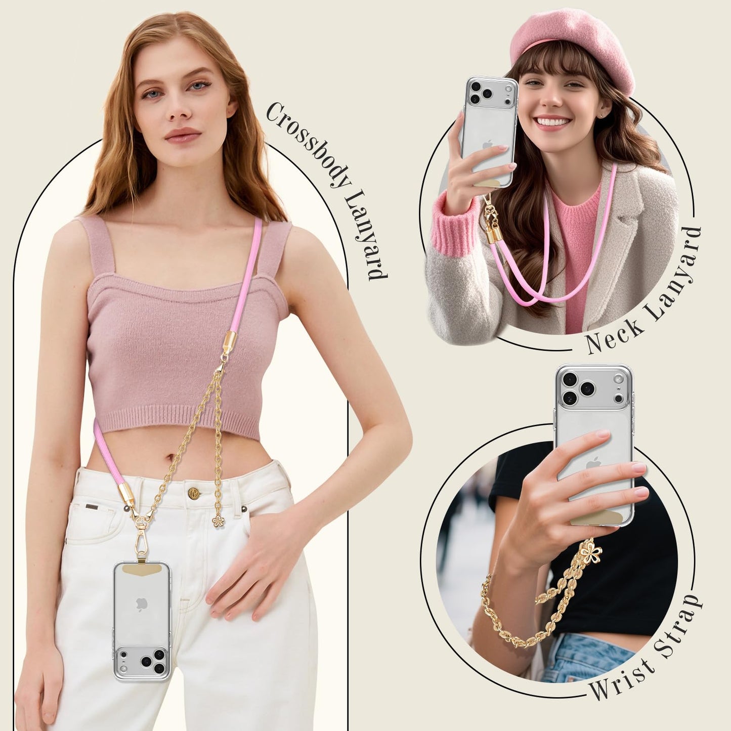 TiMOVO 2-in-1 Phone Lanyard Crossbody, Metal Cell Phone Chain Detachable Wrist Strap, Universal Smartphone Lanyard for Women, Pink