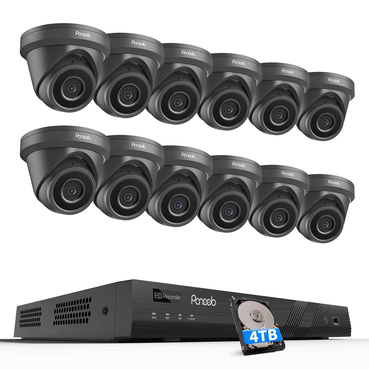 PANOOB 16 Channel Security Camera System, 12x 5MP Wired IP Dome Turret PoE Camera Outdoor, AI Human Detection, Built-in Mic, Remote Access, 4K 16