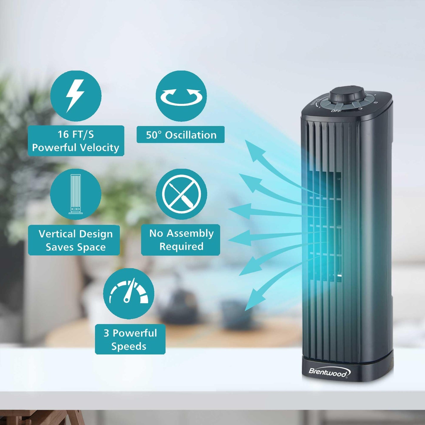 Brentwood Portable 14-Inch Personal Tower Fan with 3 Quiet Speeds, 16 FT/S Velocity, 50° Oscillation, Carry Handle (Black)
