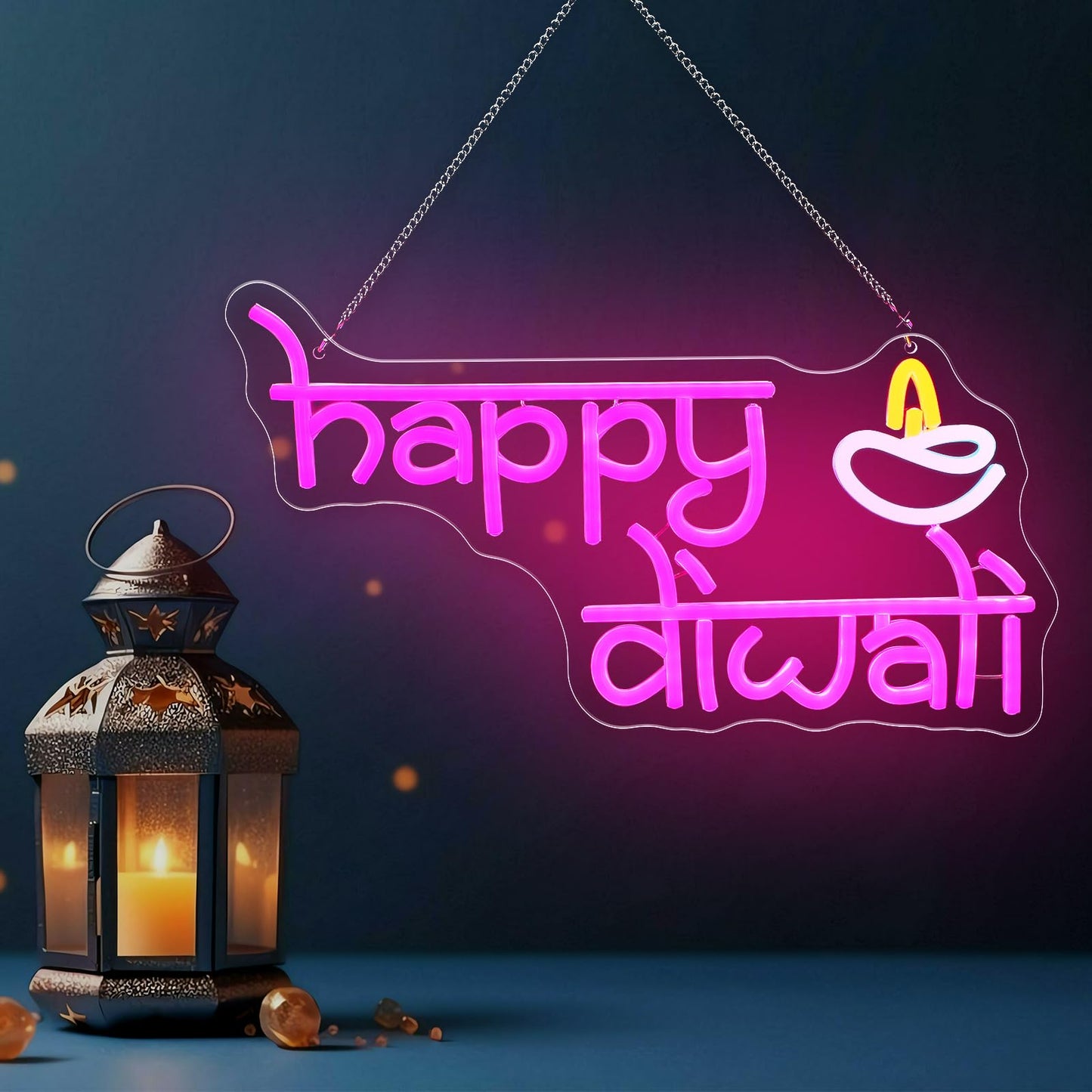 WILLBOND Happy Diwali Neon Sign Diwali Diya Party Decoration Deepawali LED Neon Light Sign Indian Hindu Pooja Room Light Hanging Decoration for Puja