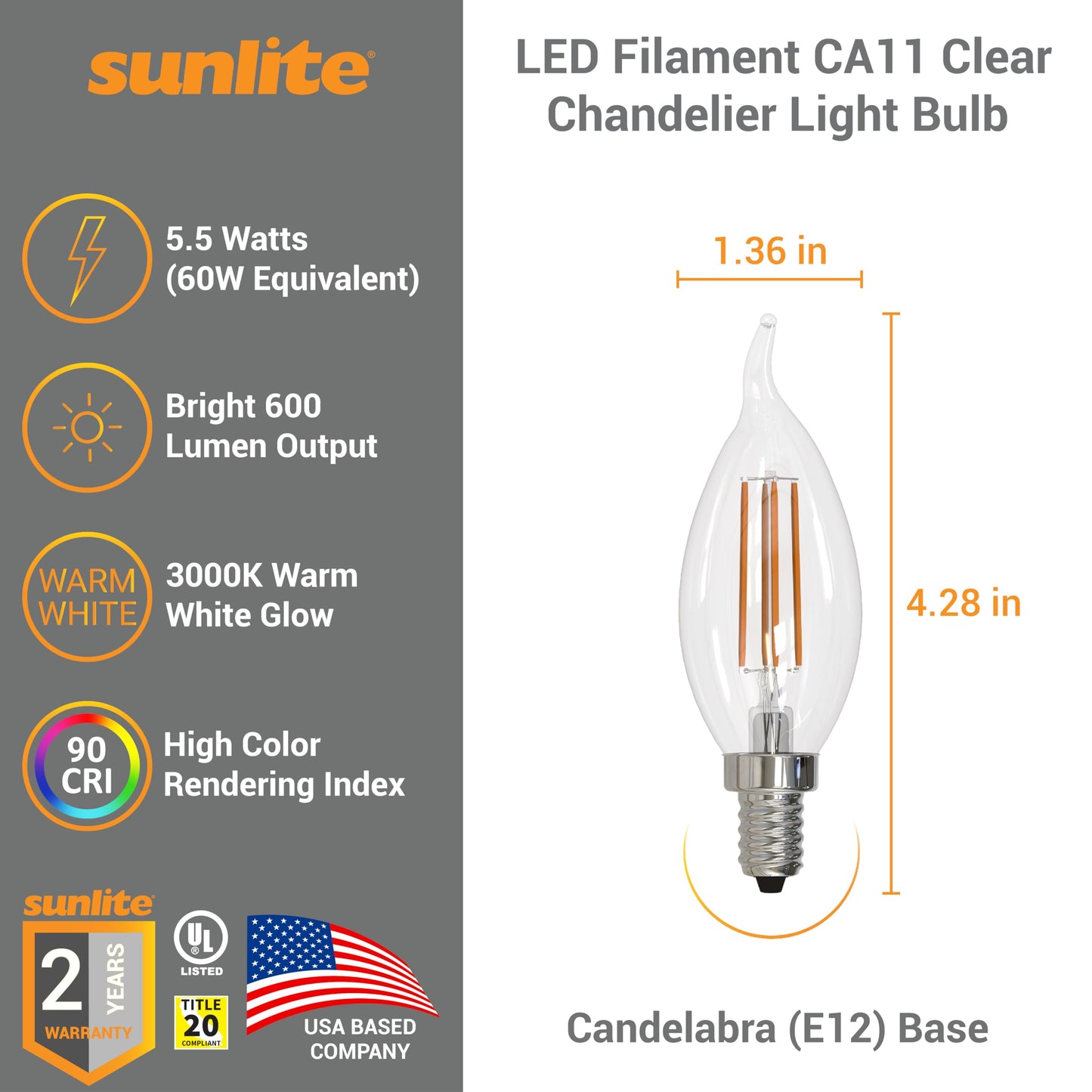 Sunlite LED Filament CA11 Flame Tip Chandelier Light Bulb, 5.5 Watts (60W=), 600 Lumens, Candelabra Base (E12), Edison Style, 90 CRI, Dimmable, UL
