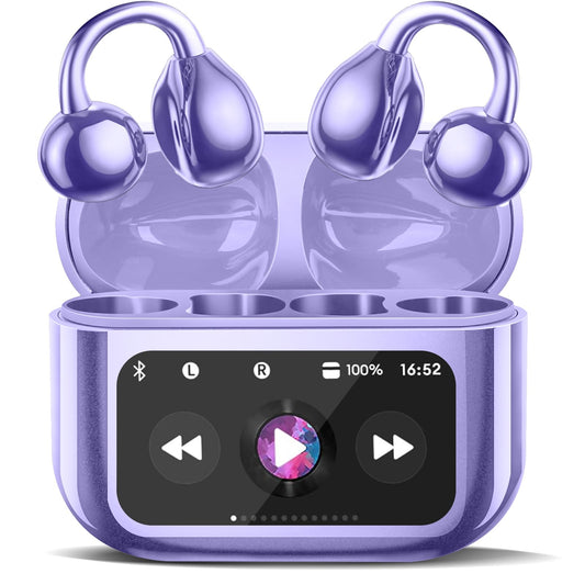 Open Ear Clip On Earbuds, Bluetooth 5.4 Lightweight Comfort Bone Conduction Headphones with LED Digital Display Charging Case Sport Built-in Mic IPX7