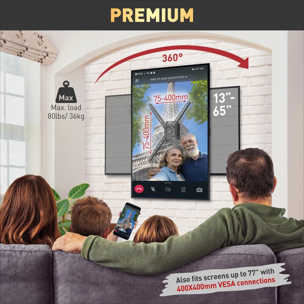 Barkan Landscape-Portrait Rotation 13-65 inch TV Wall Mount, Flat/Curved Screen Bracket, Holds up to 80lbs, Auto Lock Patented, Fits LED OLED LCD