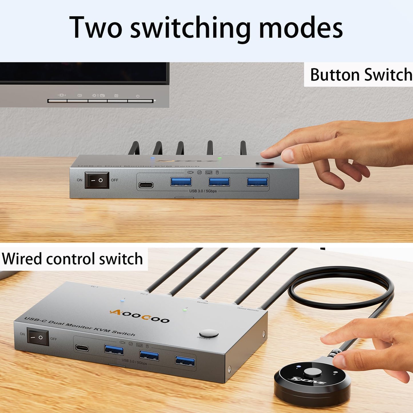 USB C KVM Switch 4K@60Hz, Dual Monitor KVM Switch for 2 Laptops Sharing 2 Monitors and 4 USB3.0 Devices, with 100W PD,Wired Remote Control and USB