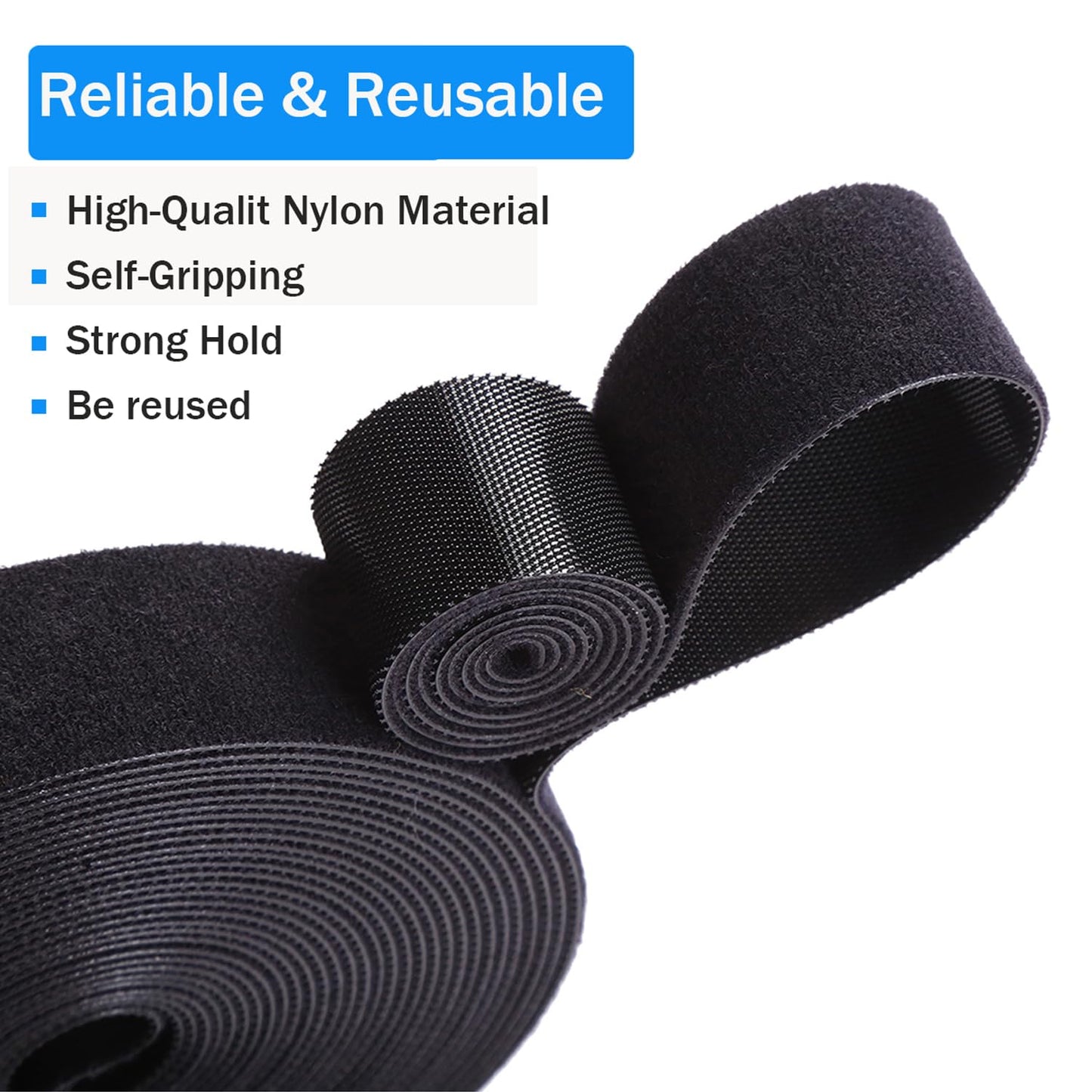 Reusable Fastening Tape Cable Ties Roll 2 Inch Double Side Hook Roll Hook and Loop Cord Management Wire Organizer Straps Black 5 Yard